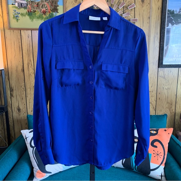 New York & Co Royal Blue V-neckline Button-Down Shirt - Picture 7 of 8